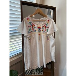 Chic Soul White Embroidered Floral Top Flounce Sleeve Blouse 2X Lightweight